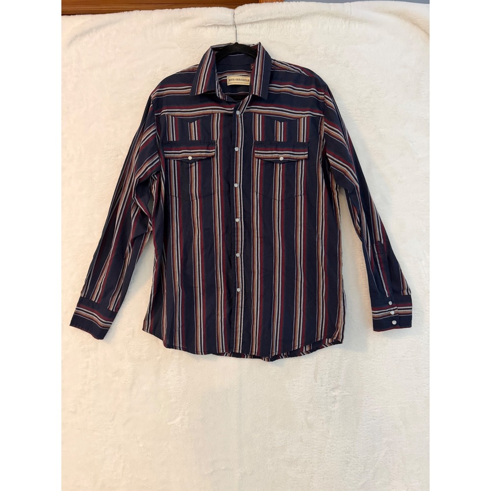 Bit & Bridle Mens Large Western Pearl Snap Shirt Long Sleeve Striped Navy L